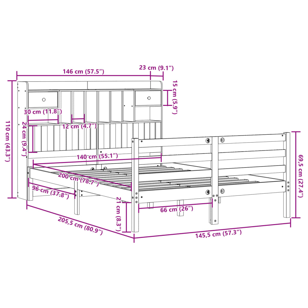 Letto Libreria senza Materasso 140x200 cm in Legno di Pino