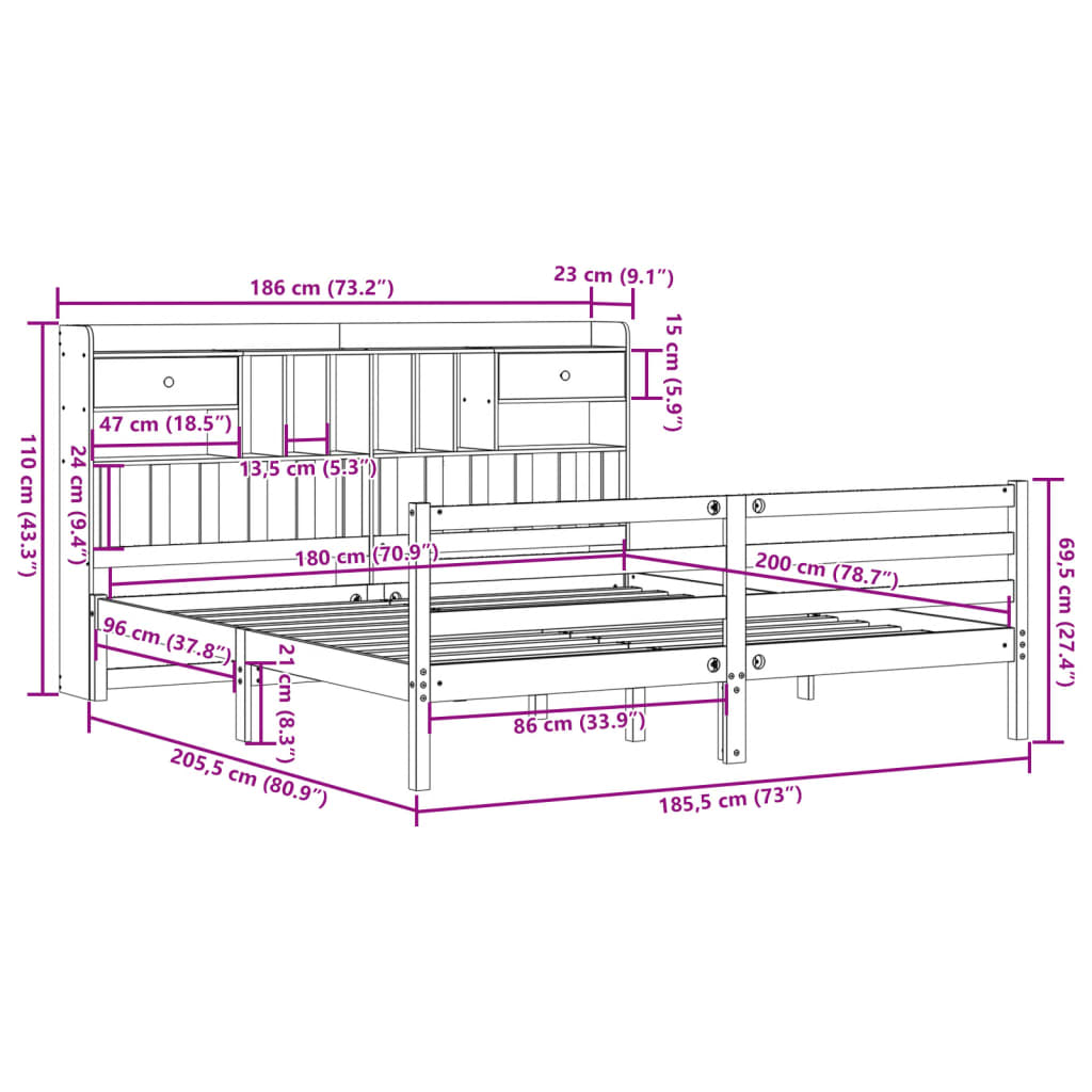 Letto Libreria senza Materasso 180x200 cm in Legno di Pino