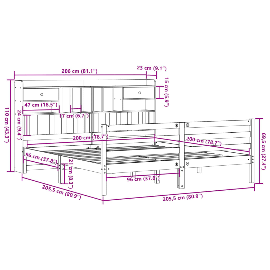 Letto Libreria senza Materasso Bianco 200x200 cm Legno di Pino