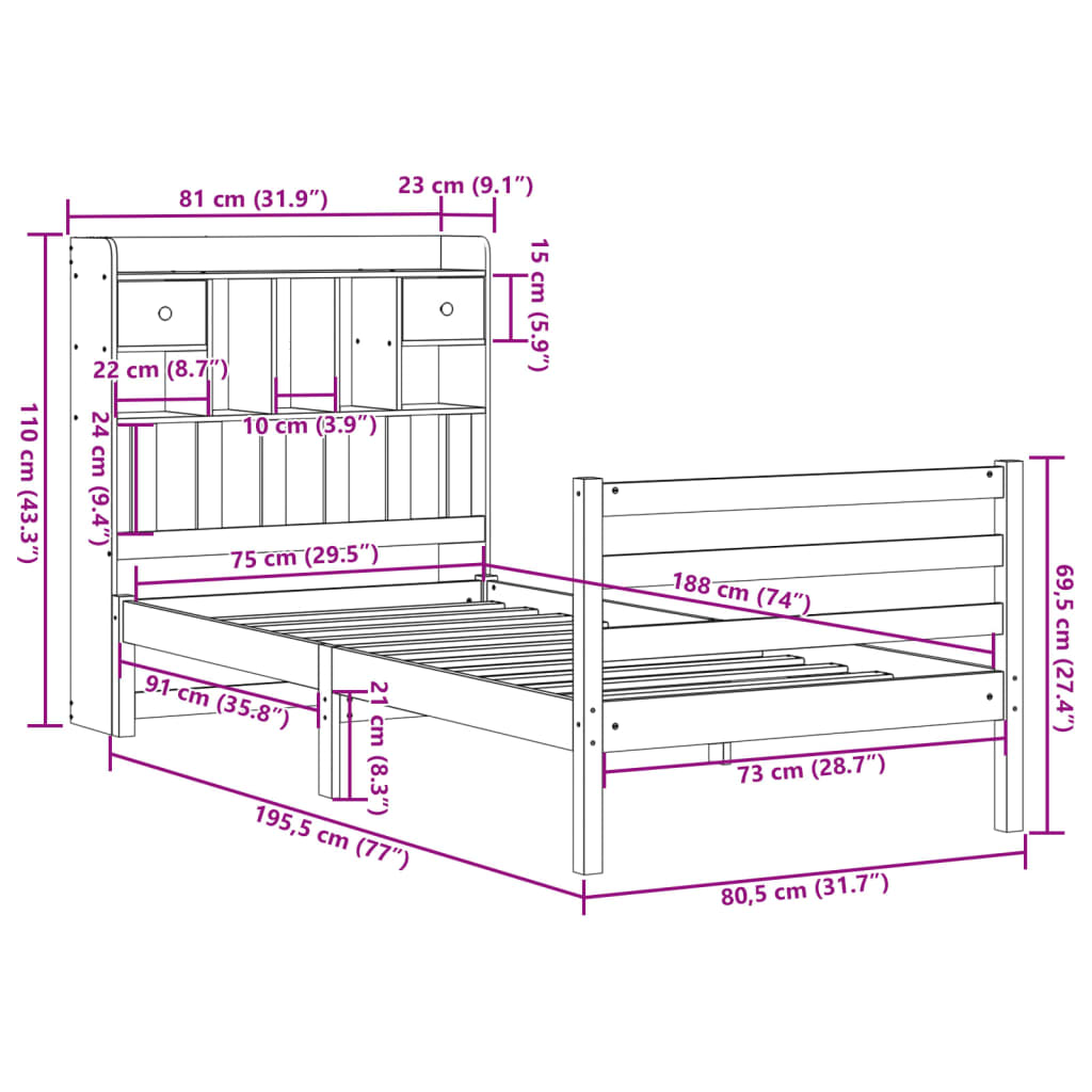 Letto Libreria senza Materasso Marrone Cera 75x190 cm in Pino