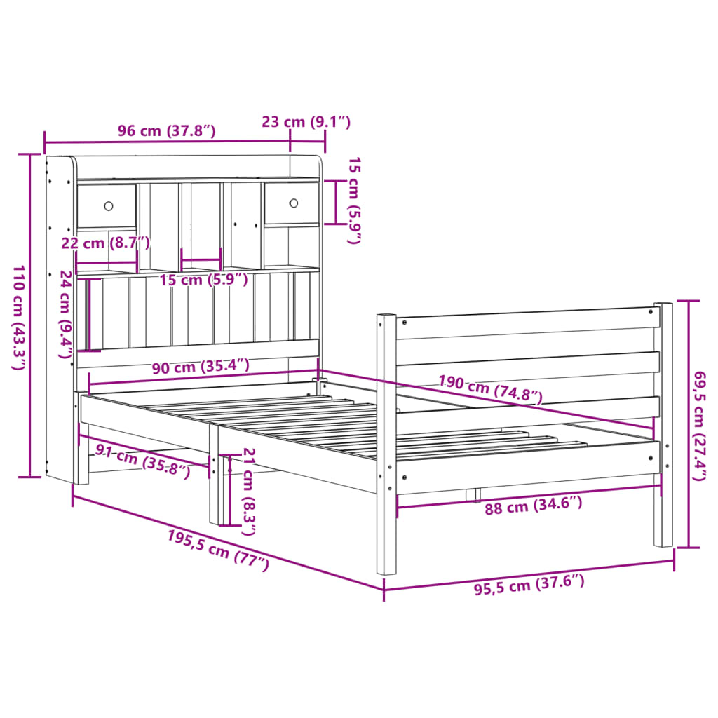 Letto Libreria senza Materasso Marrone Cera 90x190 cm in Pino