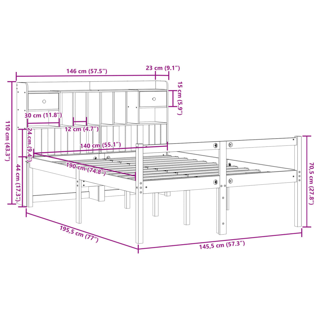 Letto Libreria senza Materasso Bianco 140x190 cm Legno di Pino