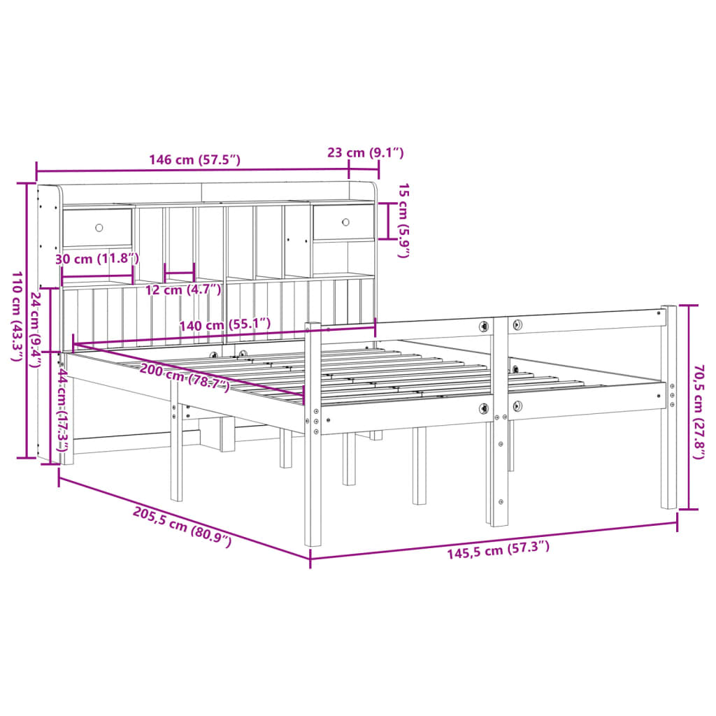 Letto Libreria senza Materasso Bianco 140x200 cm Legno di Pino