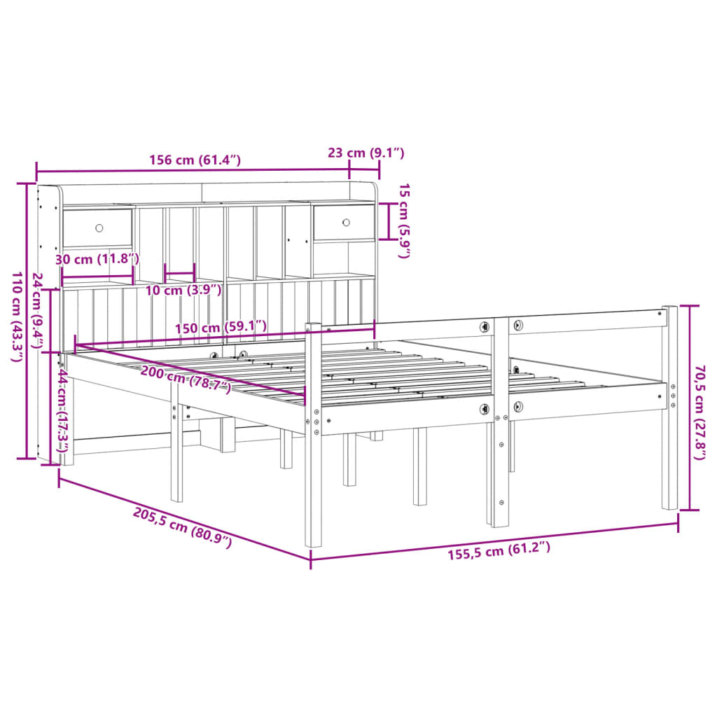 Letto Libreria senza Materasso Bianco 150x200 cm Legno di Pino