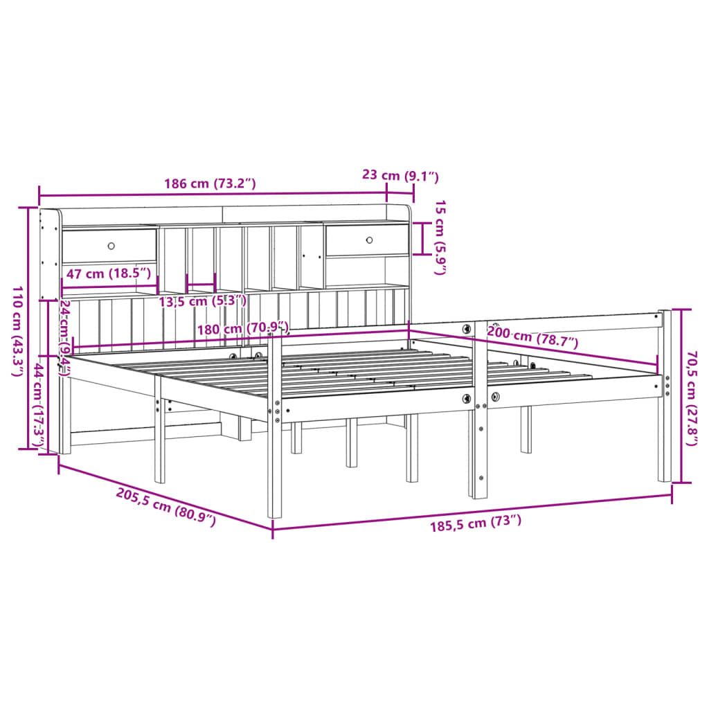 Giroletto con Libreria senza Materasso 180x200 cm in Legno Pino