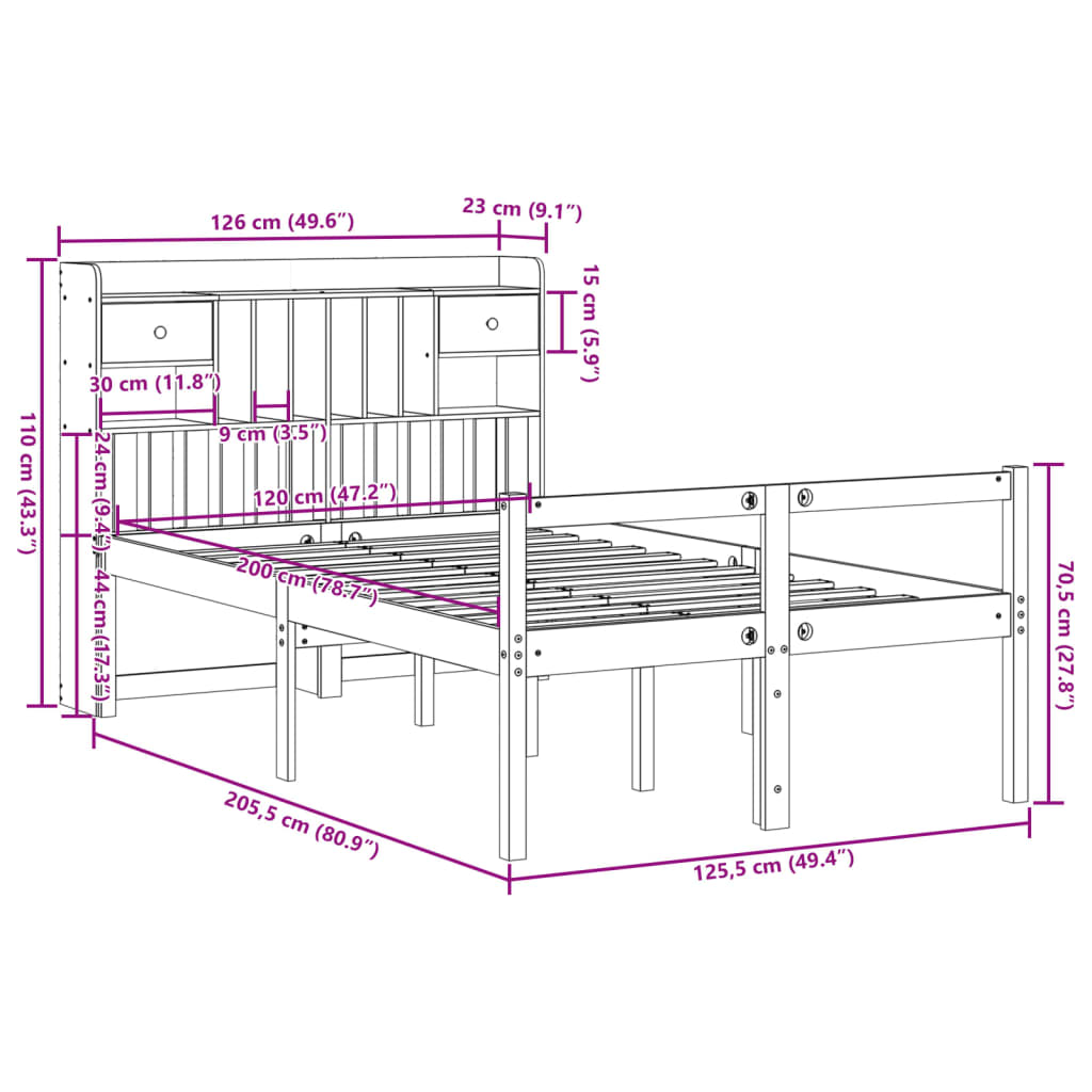 Letto Libreria senza Materasso Marrone Cera 120x200 cm in Pino