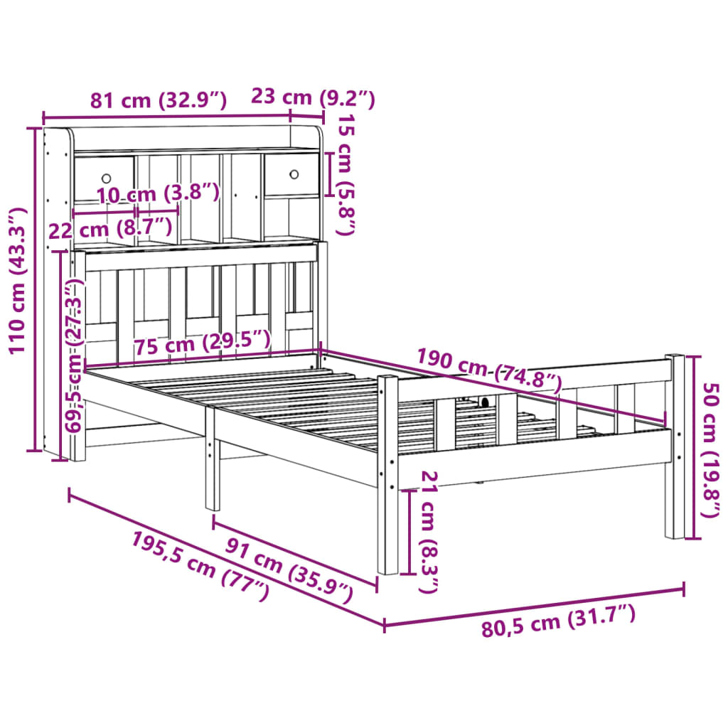 Giroletto con Libreria senza Materasso 75x190 cm in Legno Pino