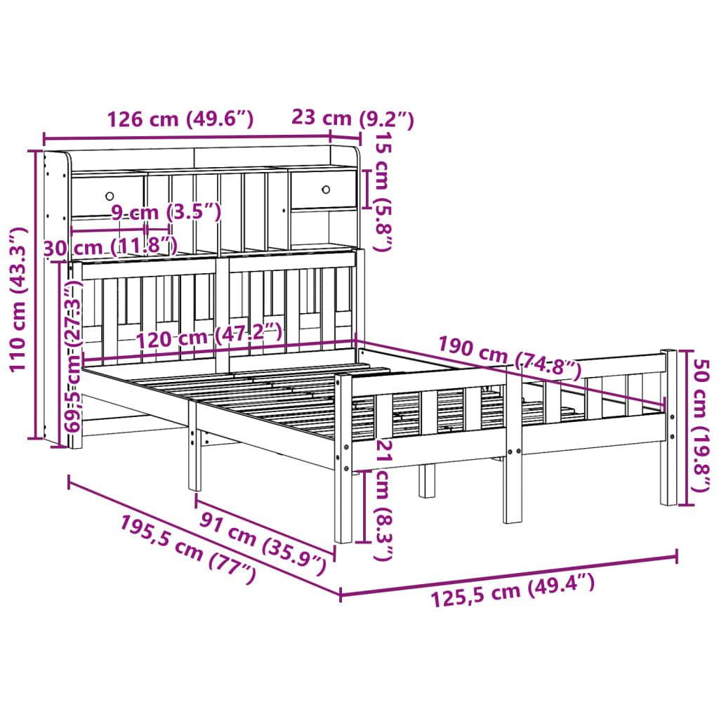 Letto Libreria senza Materasso 120x190cm Legno Massello di Pino