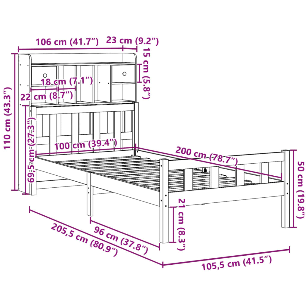 Letto Libreria senza Materasso 100x200 cm in Legno di Pino