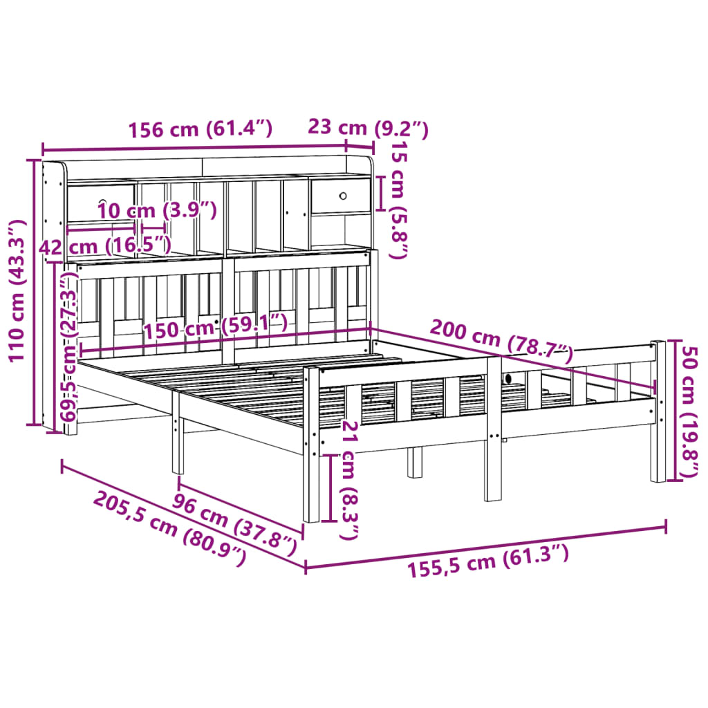 Letto Libreria senza Materasso Bianco 150x200 cm Legno di Pino