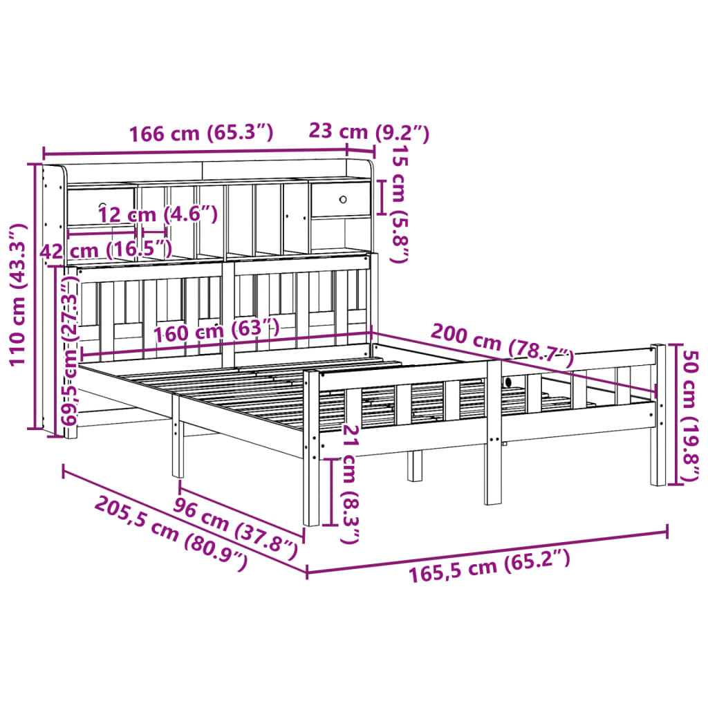 Letto Libreria senza Materasso 160x200 cm in Legno di Pino