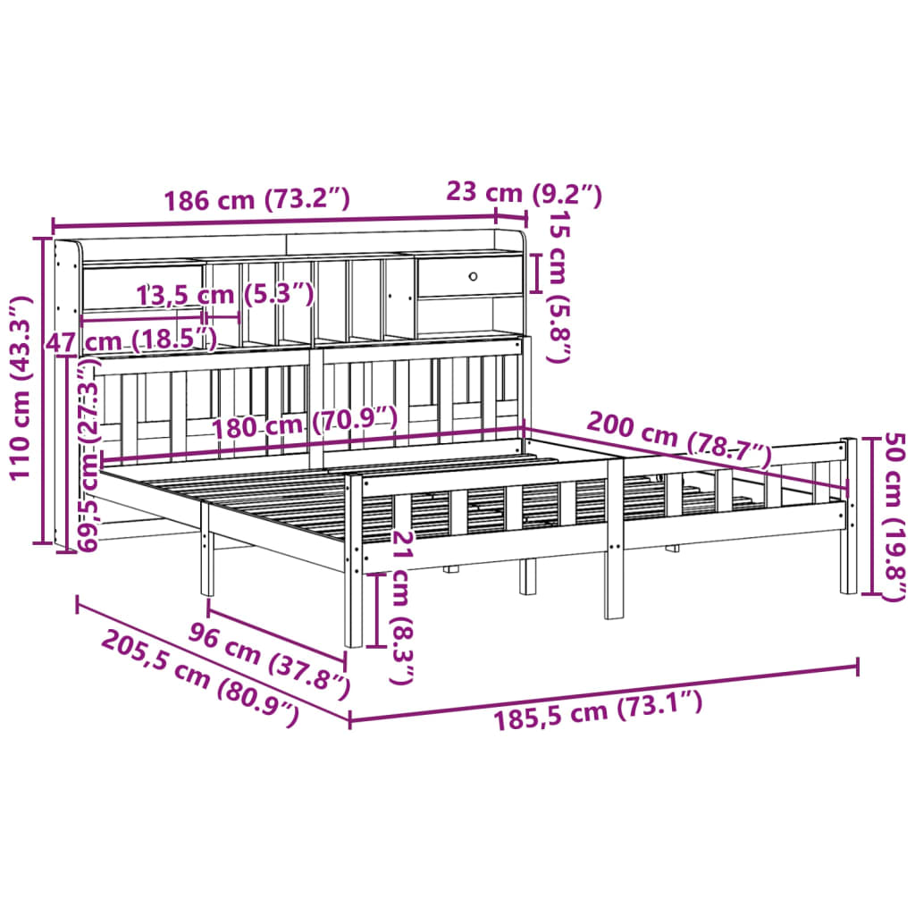 Letto Libreria senza Materasso 180x200 cm in Legno di Pino