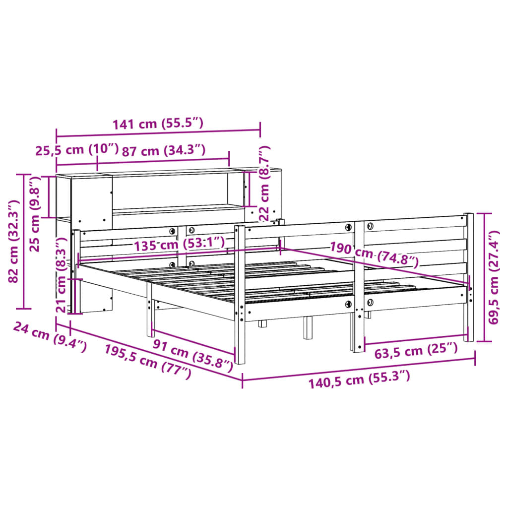 Letto Libreria senza Materasso 135x190 cm in Legno di Pino