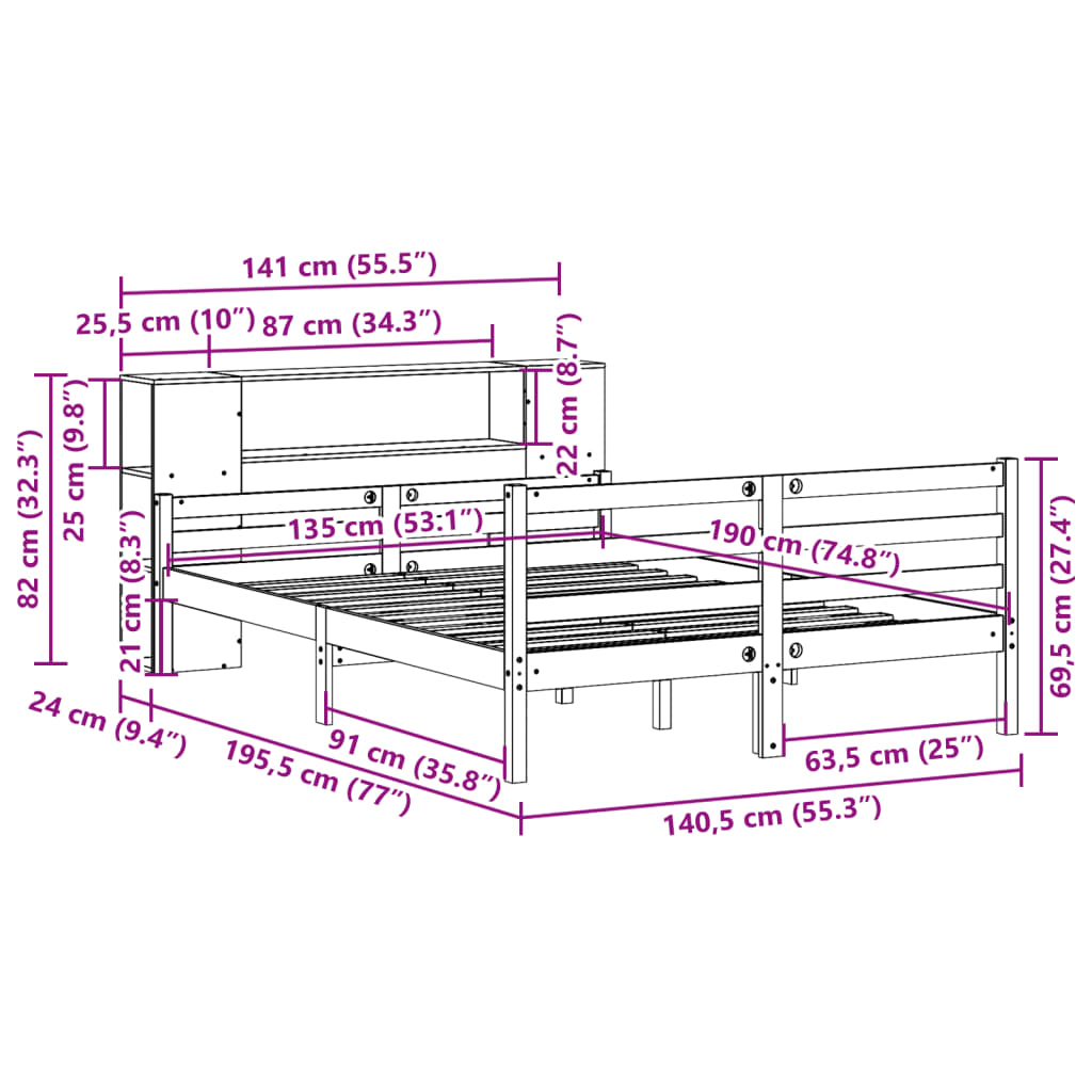 Letto Libreria senza Materasso Bianco 135x190 cm Legno di Pino