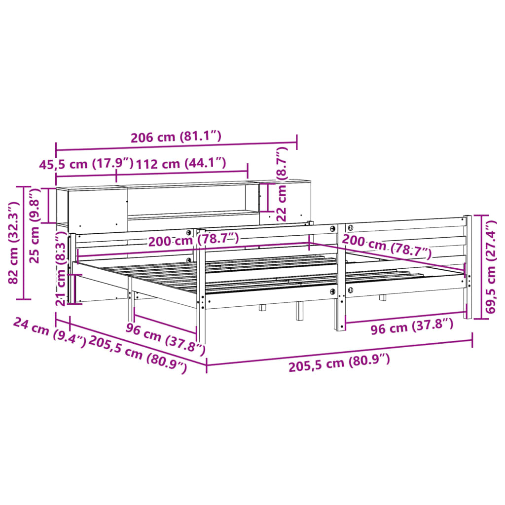 Letto Libreria senza Materasso Bianco 200x200 cm Legno di Pino