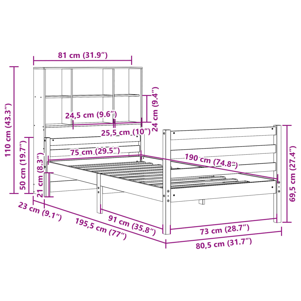 Giroletto con Libreria senza Materasso 75x190 cm in Legno Pino