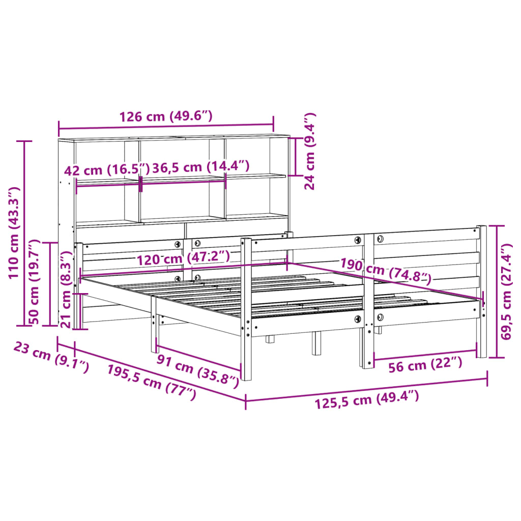 Letto Libreria senza Materasso 120x190cm Legno Massello di Pino