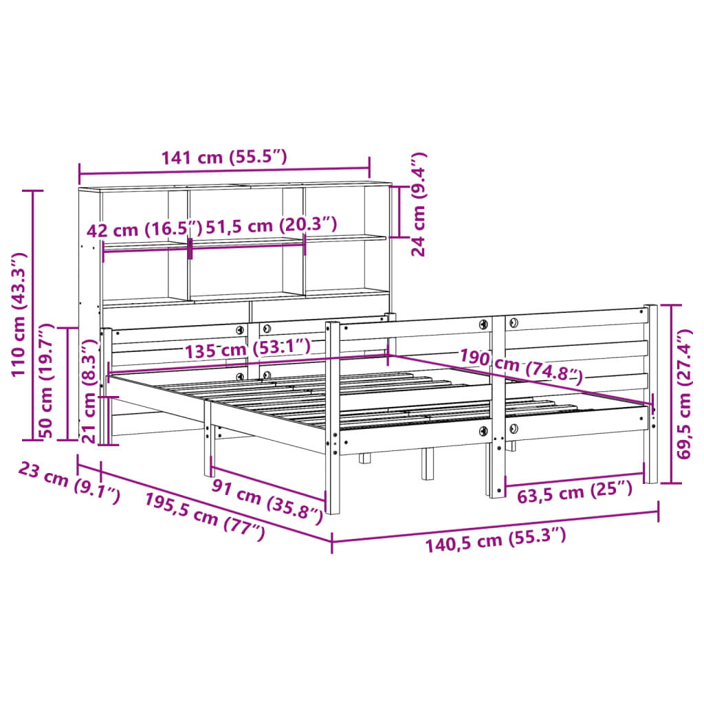 Letto Libreria senza Materasso 135x190 cm in Legno di Pino