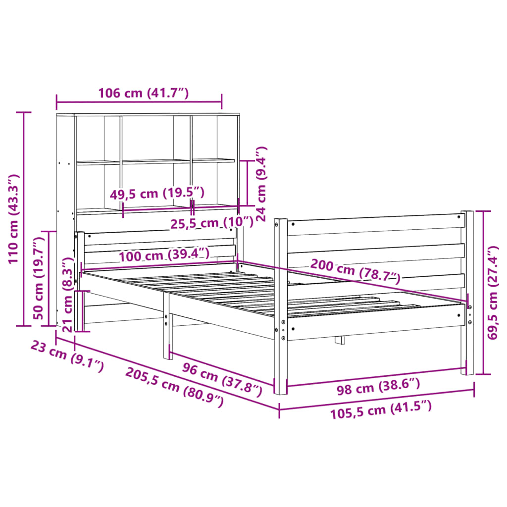 Letto Libreria senza Materasso 100x200 cm in Legno di Pino