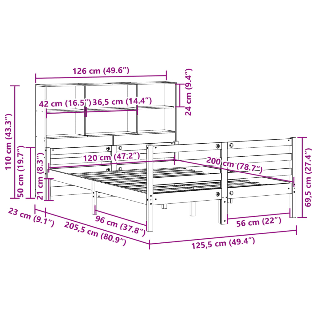 Letto Libreria senza Materasso 120x200cm Legno Massello di Pino