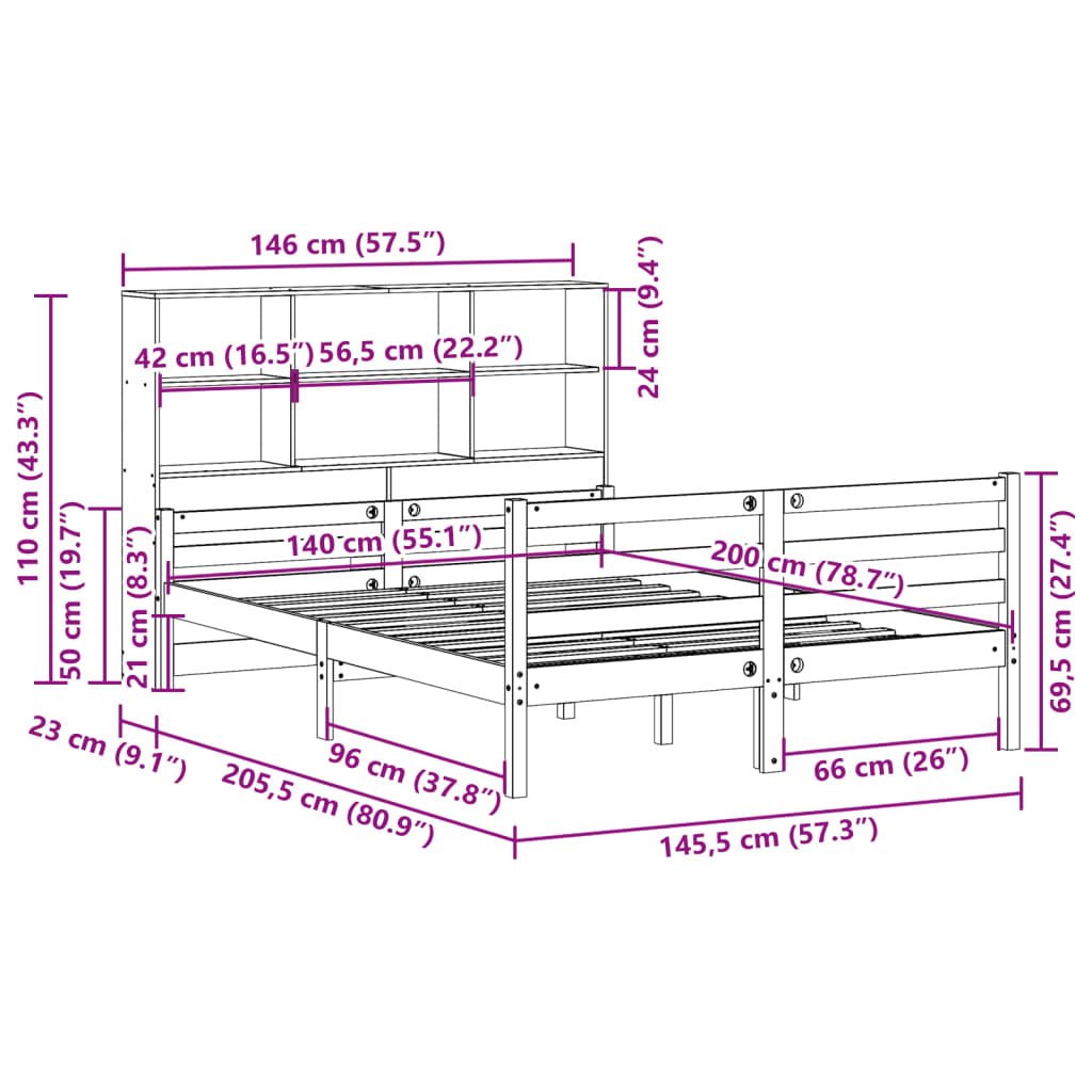 Letto Libreria senza Materasso Bianco 140x200 cm Legno di Pino