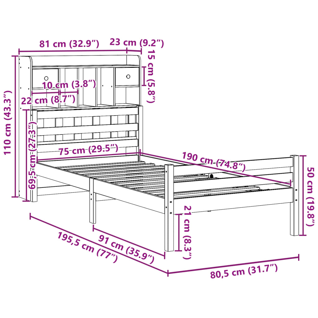 Giroletto con Libreria senza Materasso 75x190 cm in Legno Pino