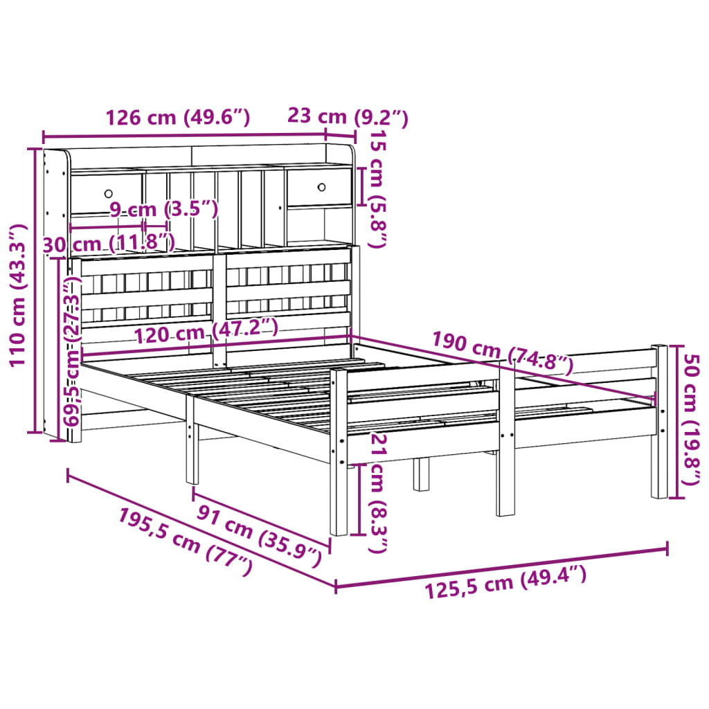 Letto Libreria senza Materasso 120x190 cm in Legno di Pino