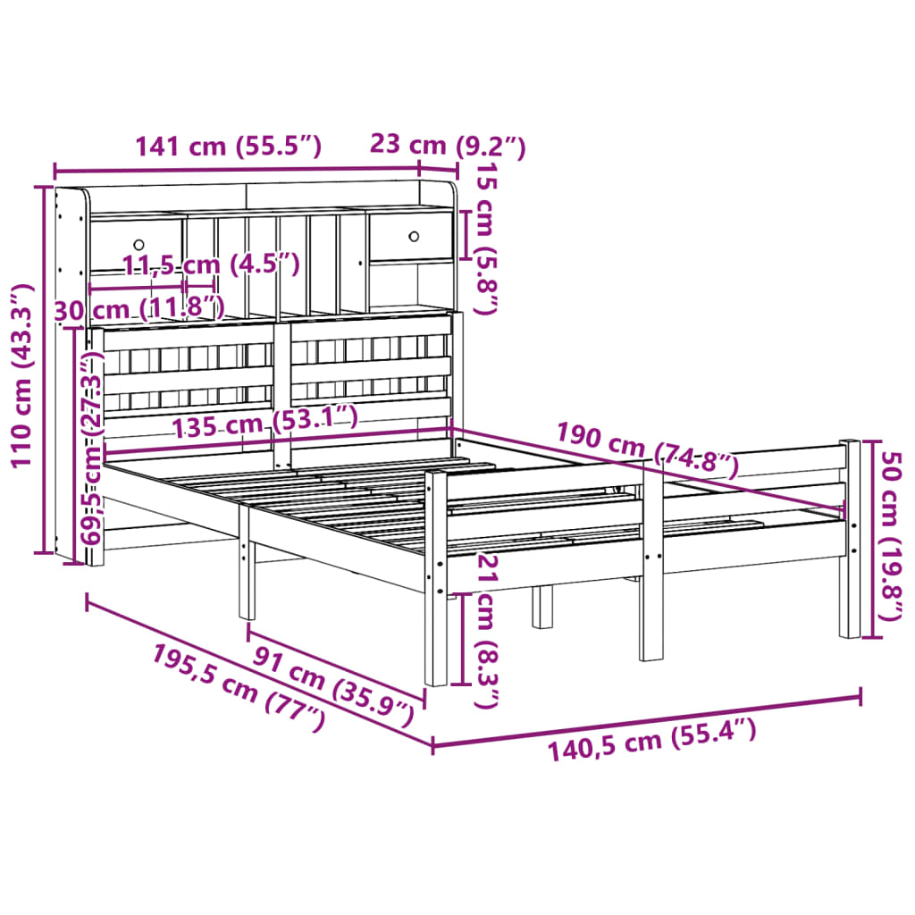 Letto Libreria senza Materasso 135x190 cm in Legno di Pino