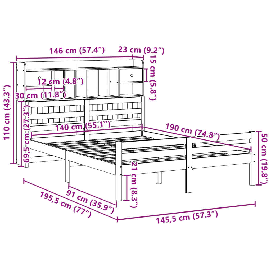 Letto Libreria senza Materasso 140x190 cm in Legno di Pino