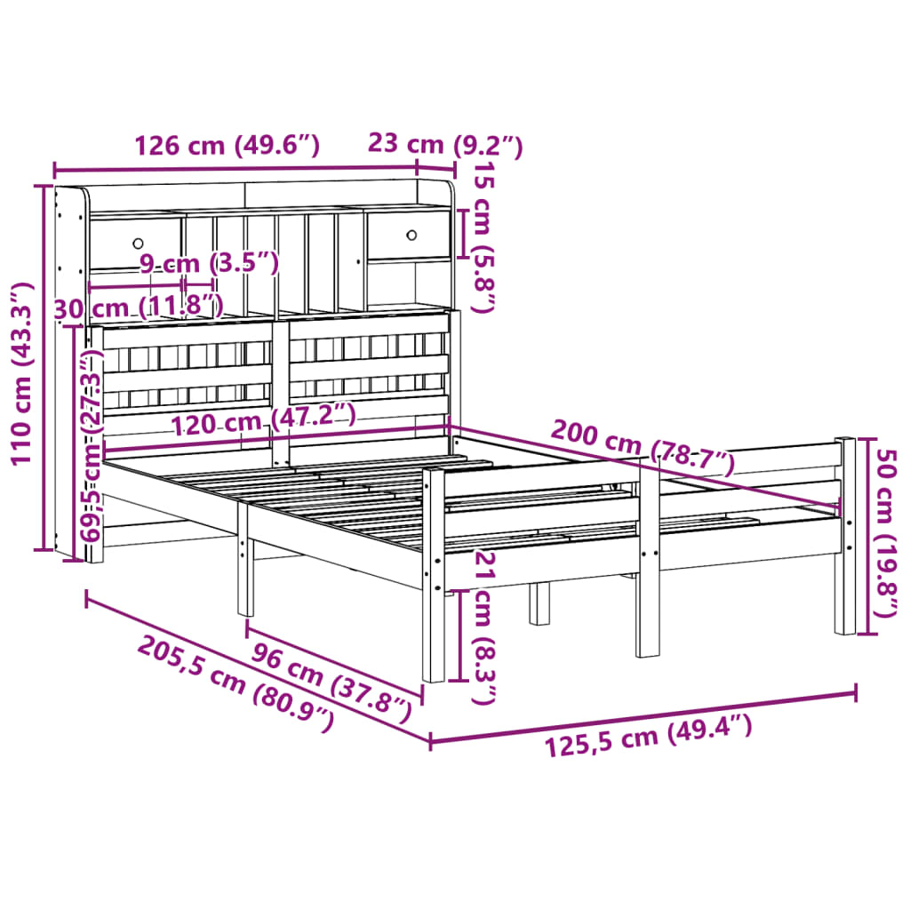 Letto Libreria senza Materasso 120x200cm Legno Massello di Pino