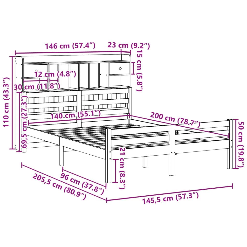 Letto Libreria senza Materasso 140x200 cm in Legno di Pino