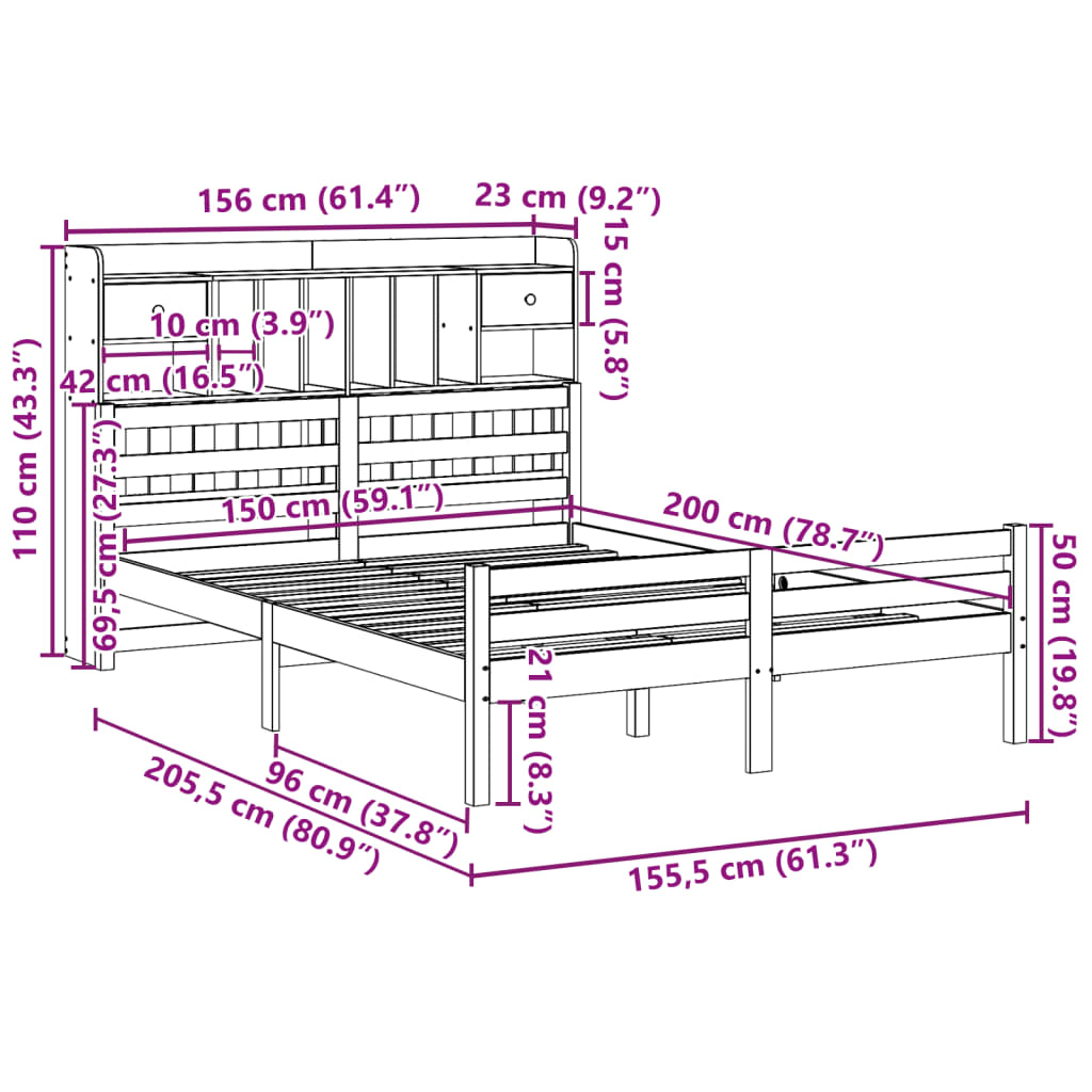 Letto Libreria senza Materasso 150x200 cm in Legno di Pino