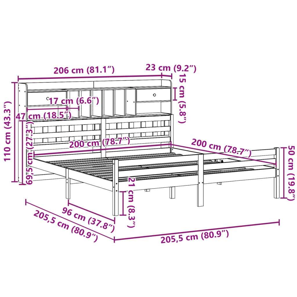 Letto Libreria senza Materasso 200x200 cm in Legno di Pino