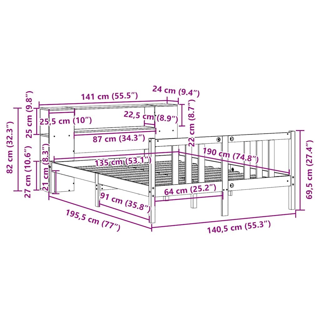 Letto Libreria senza Materasso 135x190 cm in Legno di Pino - homemem39