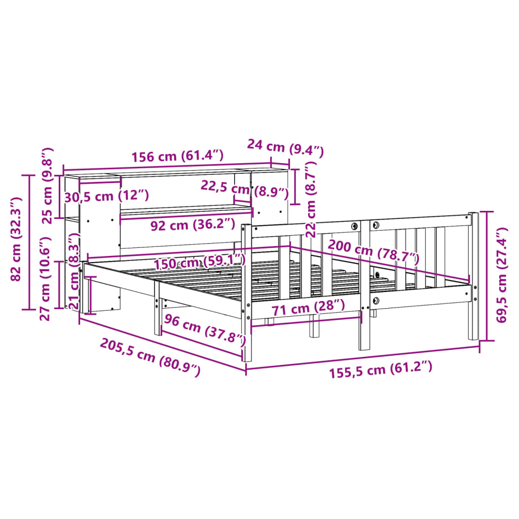 Letto Libreria senza Materasso Bianco 150x200 cm Legno di Pino