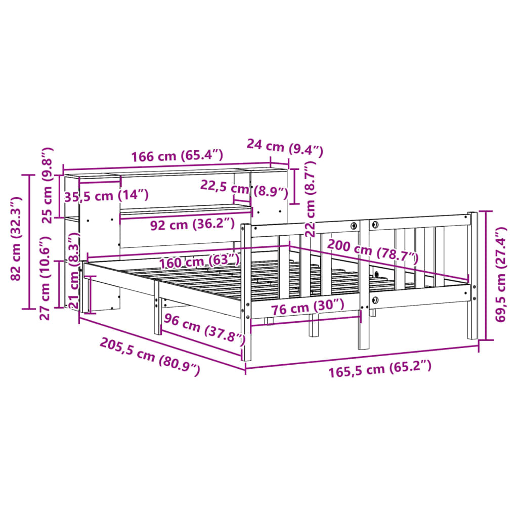 Letto Libreria senza Materasso Bianco 160x200 cm Legno di Pino