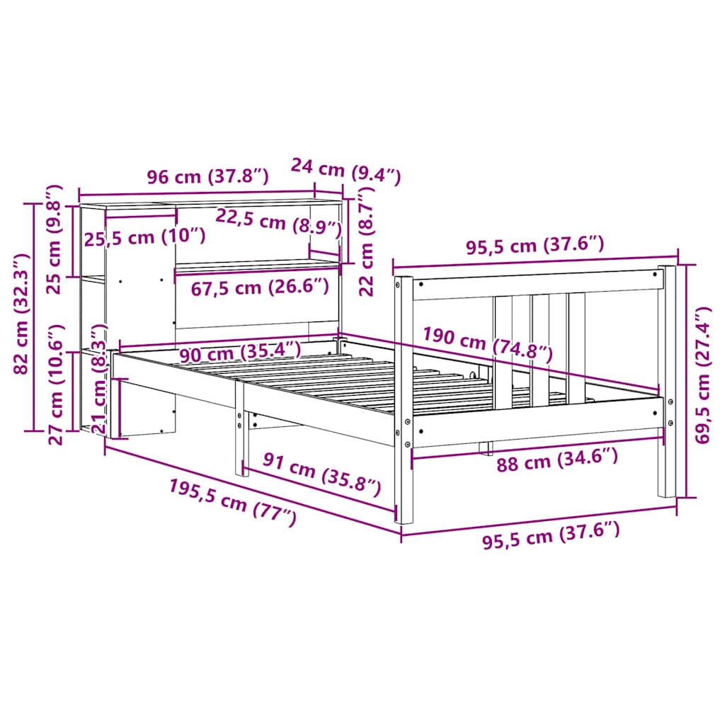 Letto Libreria senza Materasso 90x190 cm Legno Massello Pino - homemem39