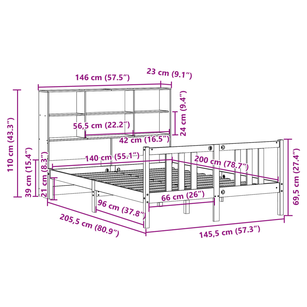 Letto Libreria senza Materasso Bianco 140x200 cm Legno di Pino