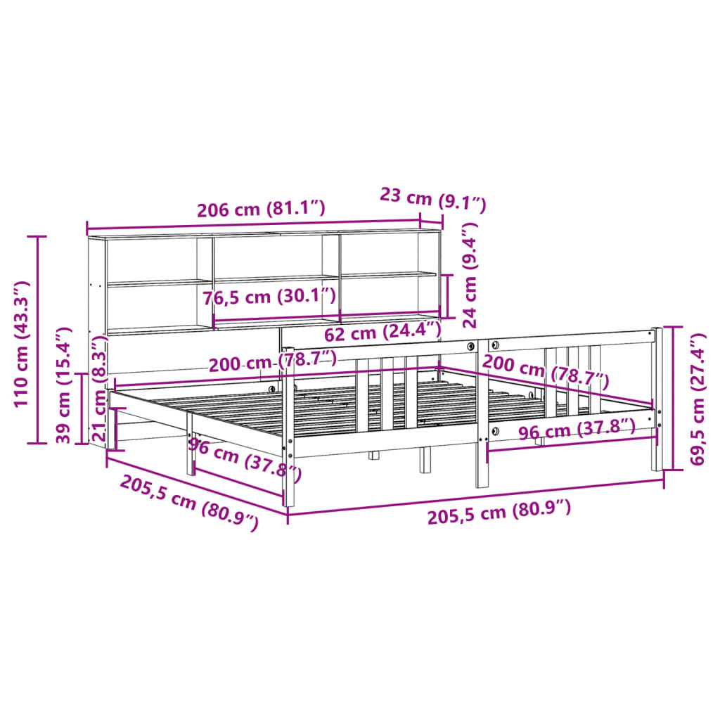 Letto Libreria senza Materasso Bianco 200x200 cm Legno di Pino