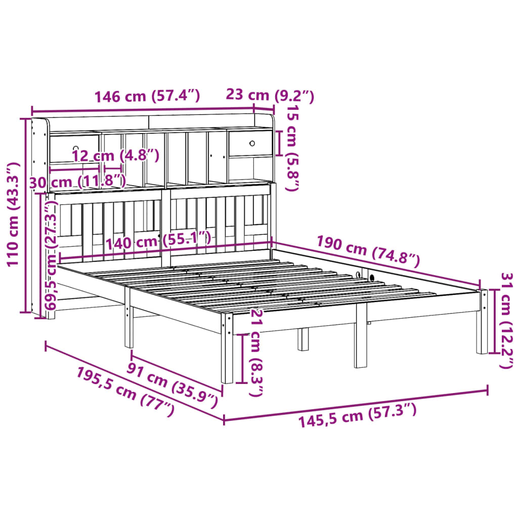 Letto Libreria senza Materasso 140x190 cm in Legno di Pino