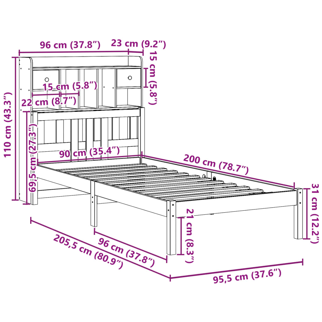 Letto Libreria senza Materasso Bianca 90x200 cm Legno di Pino | homemem39