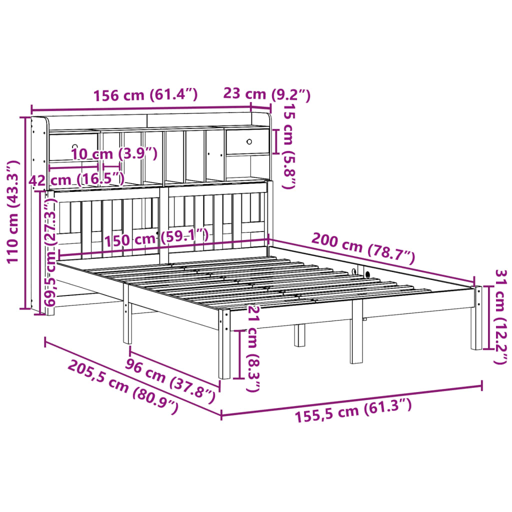 Letto Libreria senza Materasso 150x200 cm in Legno di Pino