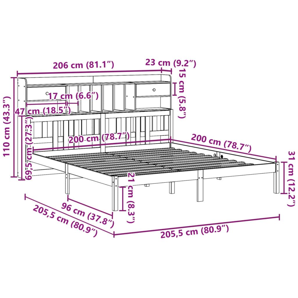 Letto Libreria senza Materasso Bianco 200x200 cm Legno di Pino