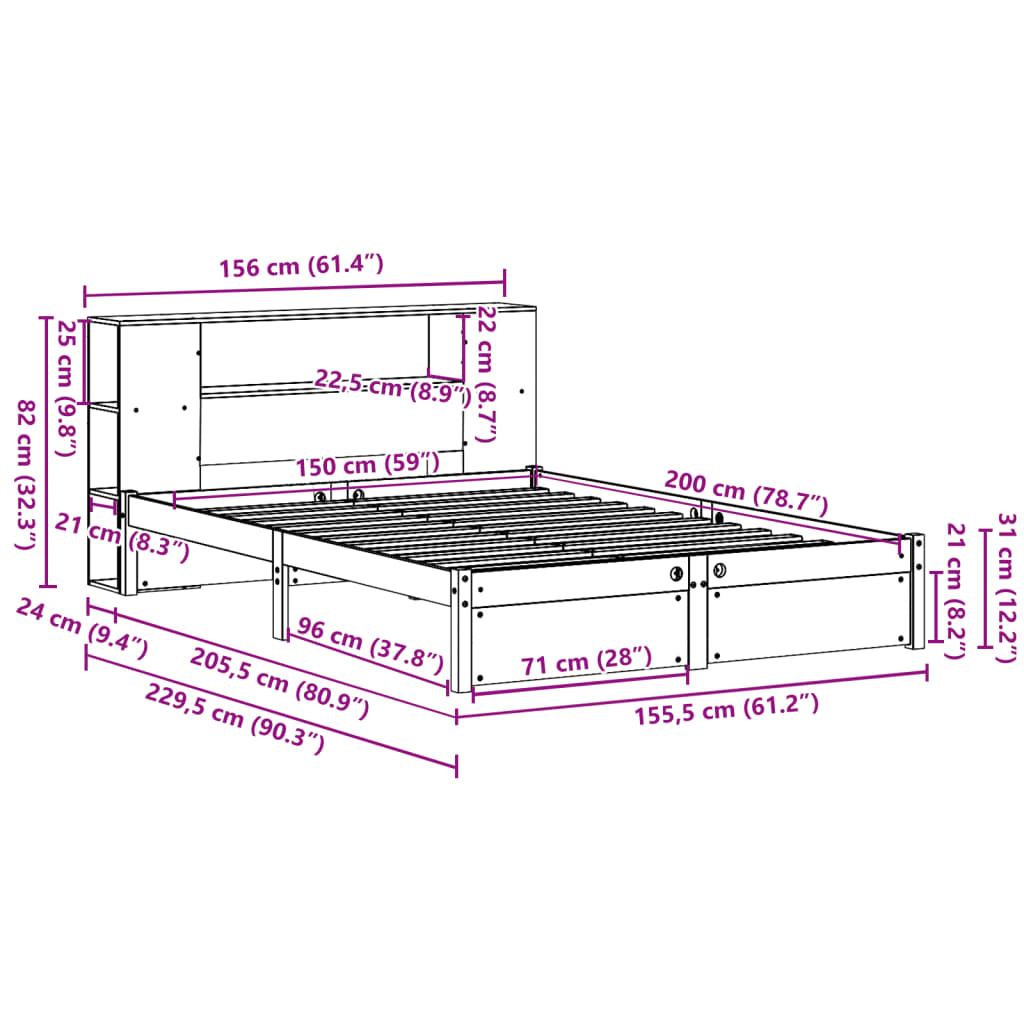 Letto Libreria senza Materasso 150x200 cm in Legno di Pino