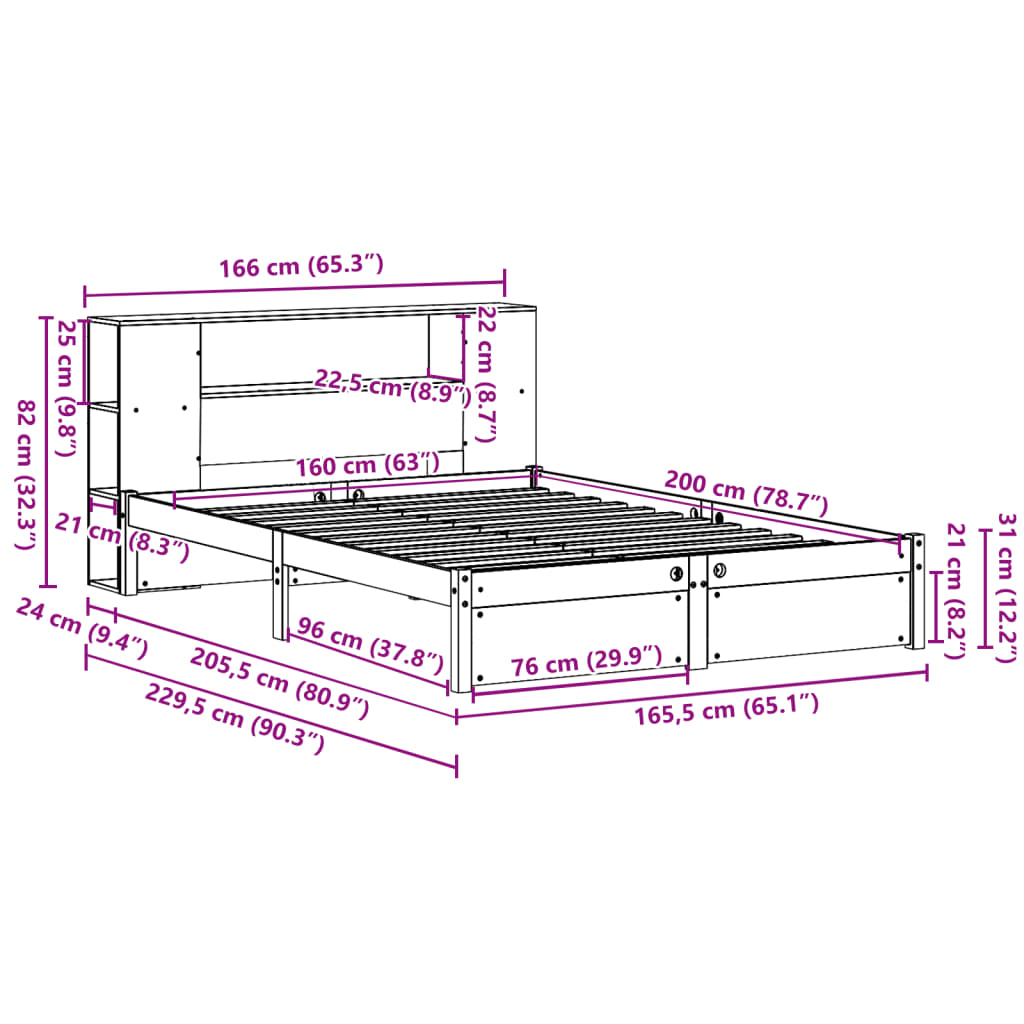 Letto Libreria senza Materasso 160x200 cm in Legno di Pino