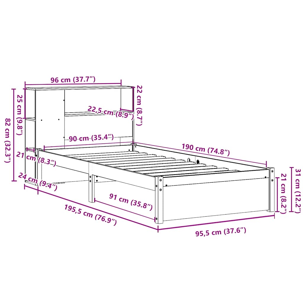 Letto Libreria senza Materasso Bianco 90x190 cm Massello Pino