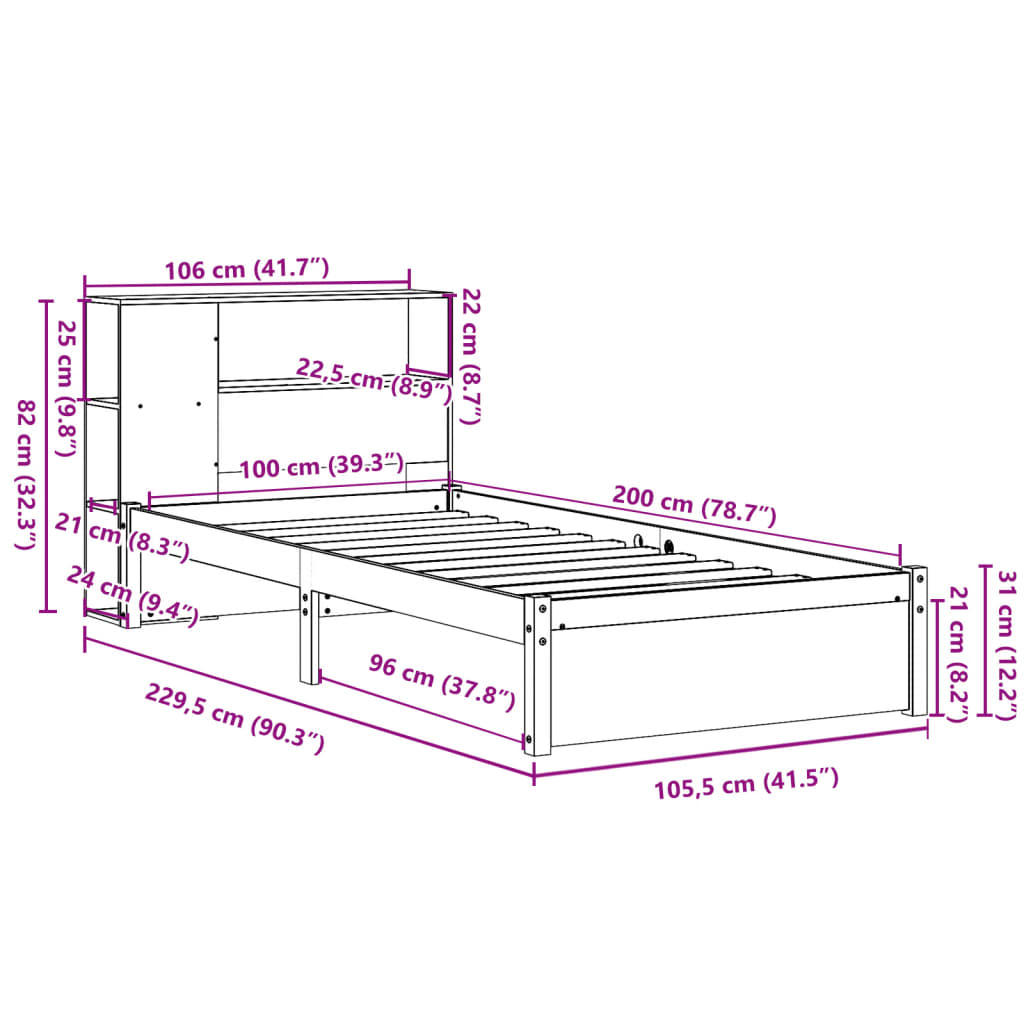 Letto Libreria senza Materasso 100x200 cm in Legno di Pino