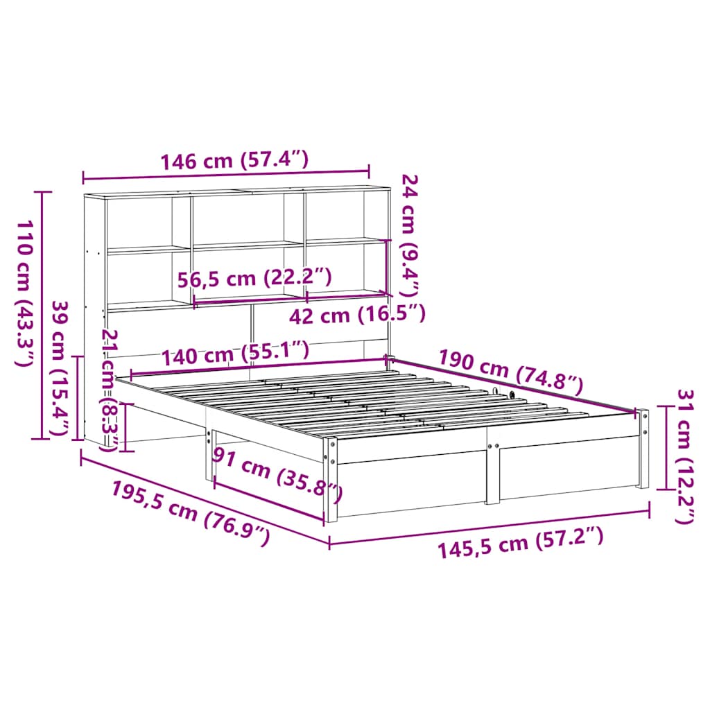 Letto Libreria senza Materasso 140x190 cm in Legno di Pino