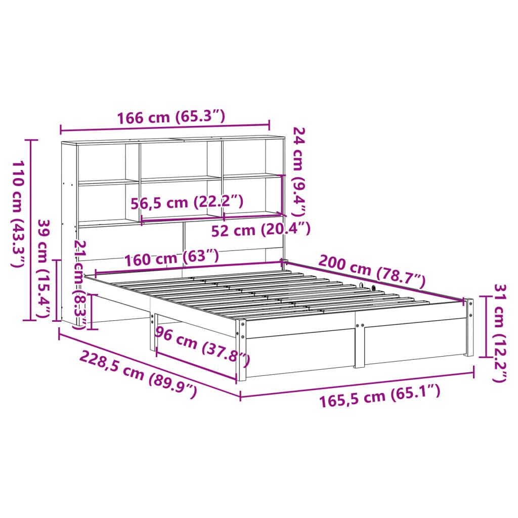 Letto Libreria senza Materasso 160x200 cm in Legno di Pino