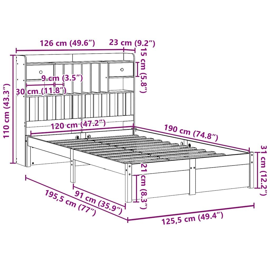 Letto Libreria senza Materasso 120x190 cm in Legno di Pino